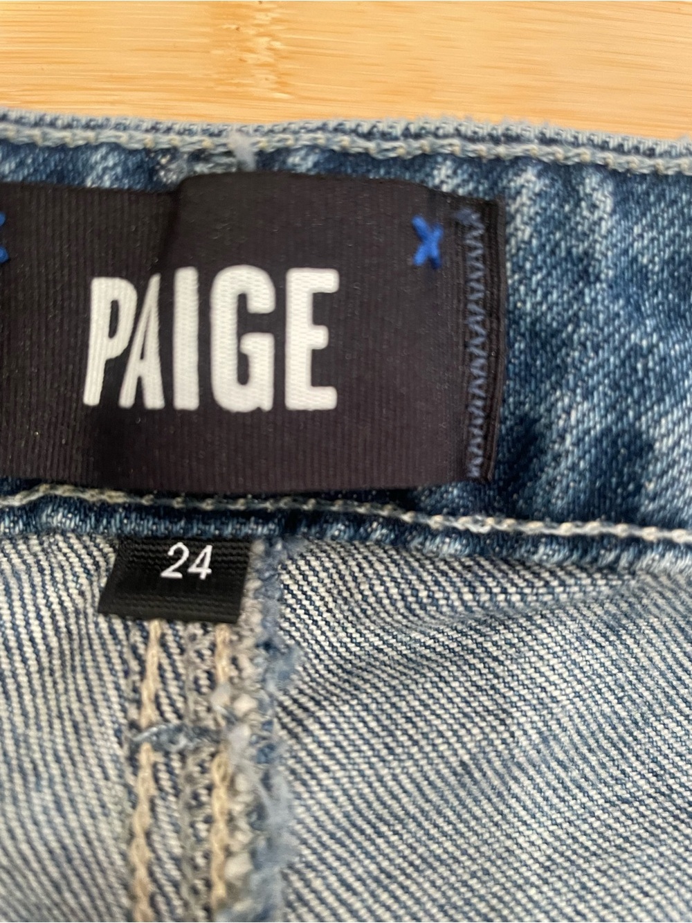 PAIGE High-Rise Flare Jeans in Medium Blue with Distressed Knees - Picture 6 of 7